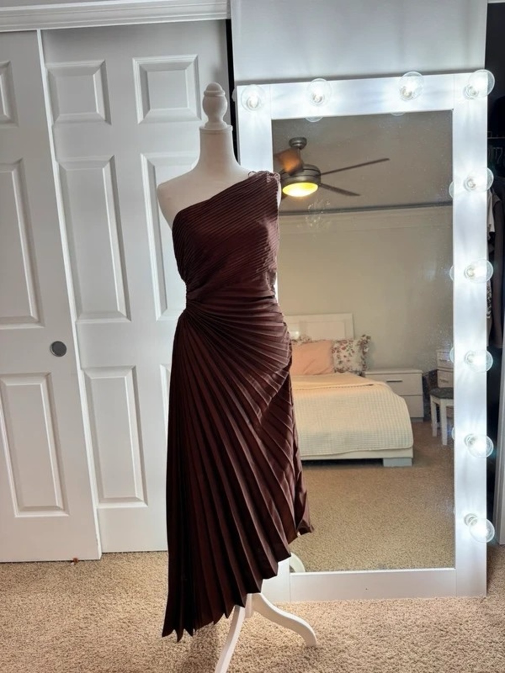 Asymmetric One-Shoulder Pleated Maxi Dress in Chocolate Brown